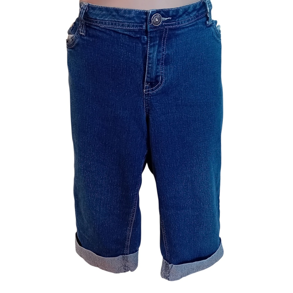 Vintage Womens Plus Size Baccini Denim Capri Pants Rhinestone Cuff Dark Wash 16W